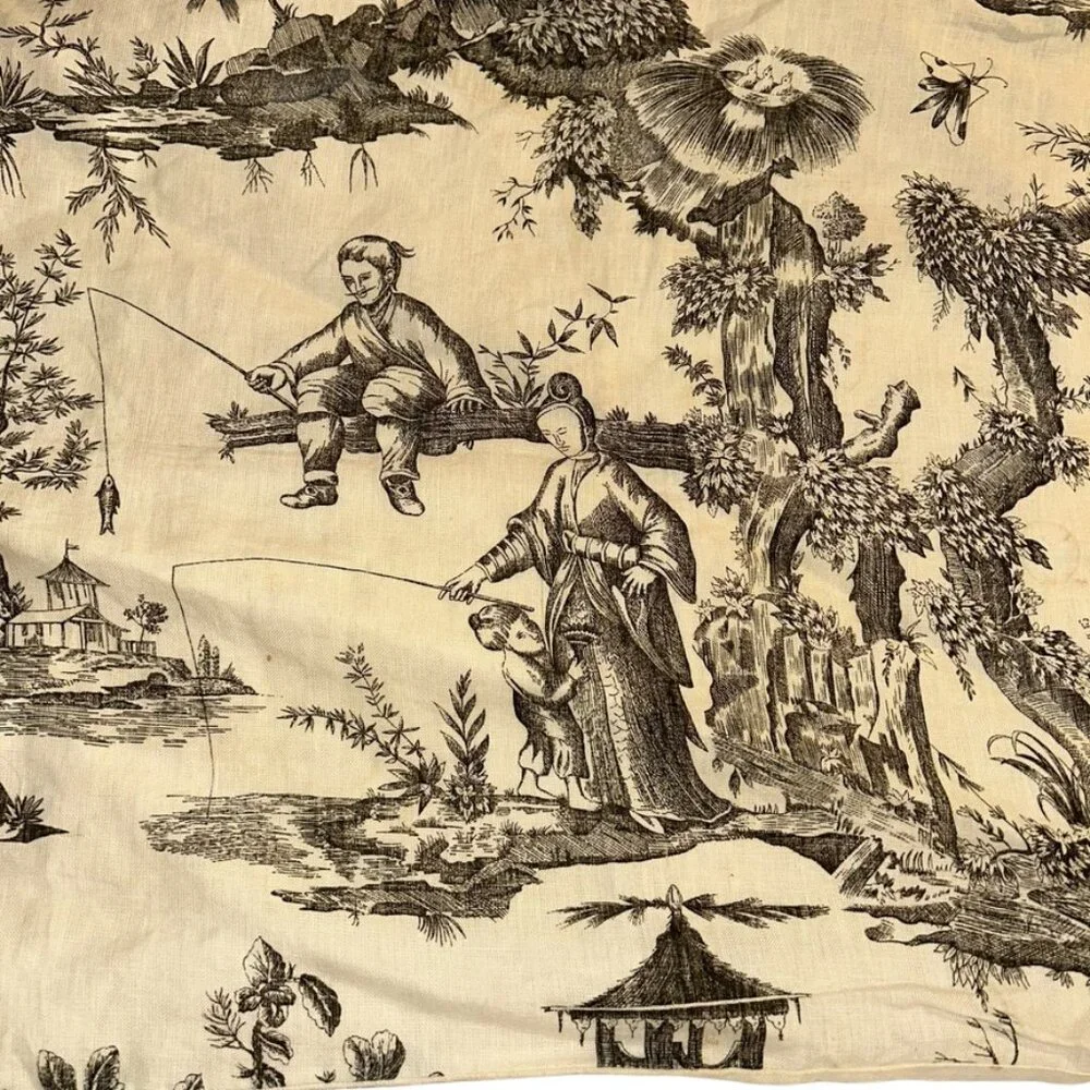 NEW 100% LINEN cream black TOILE bucolic Japanese Fishing Scene postcard 32x20